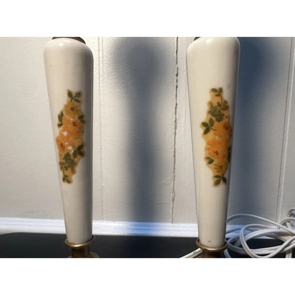 Vintage Porcelain Boudoir Table Lamps Floral Rose Gold Accent Pair Working